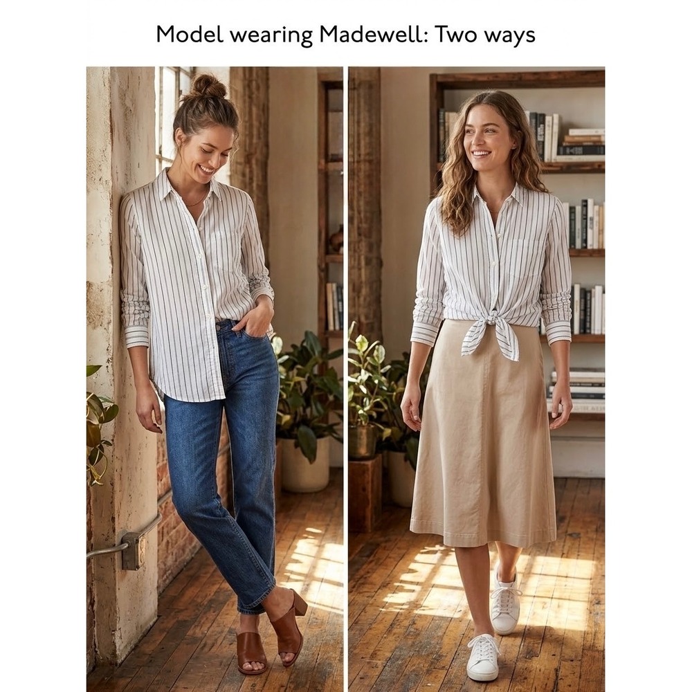 Madewell Central Tie-Back Shirt White Black Stripe Cotton Button Down G2500 S